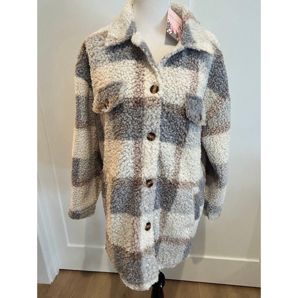 Women's Muted Plaid Sherpa Fleece Shacket Jacket‎ Button Down Cozy Warm Large